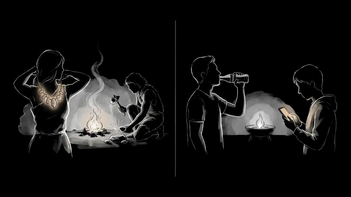 Linework-Diptychon: Steinzeit-Szene mit Schmuck und Feuer, daneben moderne Szene mit Getränk und Smartphone