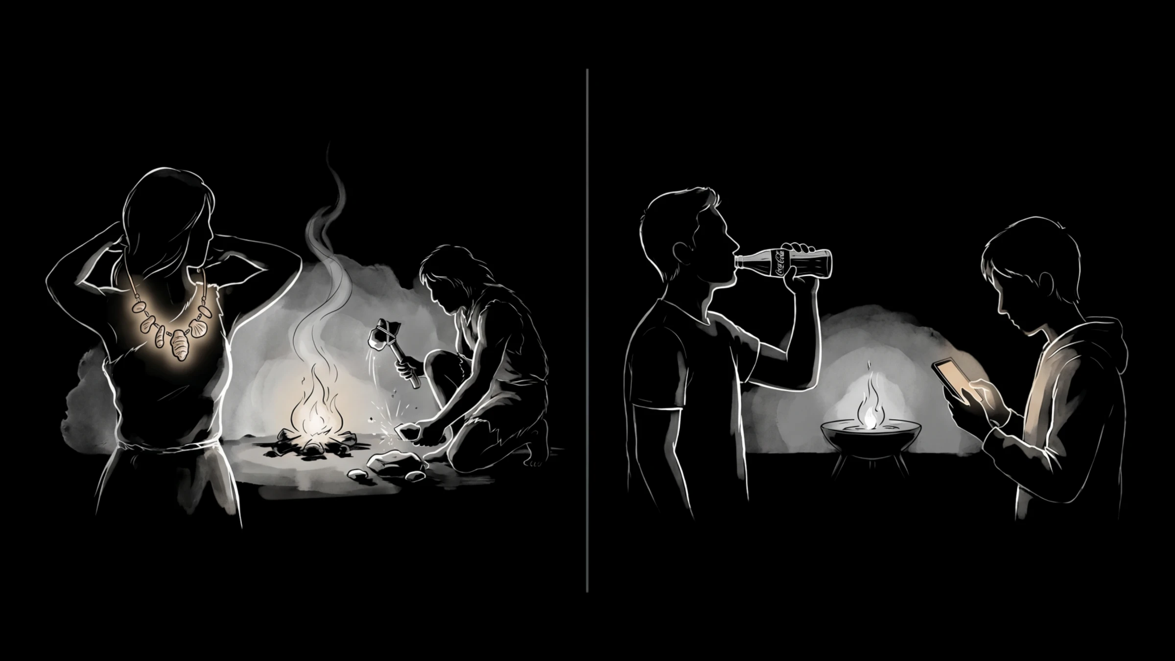 Linework-Diptychon: Steinzeit-Szene mit Schmuck und Feuer, daneben moderne Szene mit Getränk und Smartphone