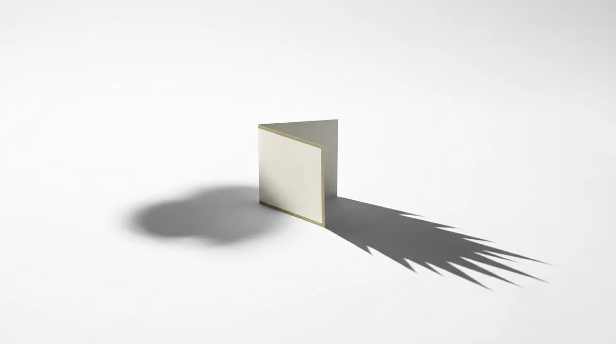 Studio-Stillleben: ein gefalteter Zettel auf Weiß wirft zwei gegensätzliche Schatten – einen weichen, runden und einen langen mit scharfen Zacken. Khaki-Kante am Papier.
