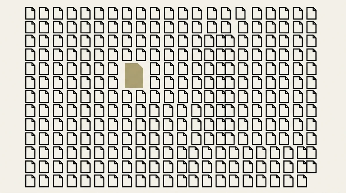 Bauhaus-Infografik: ein dichtes Raster identischer Dokument-Umrisse. Ein einziges Dokument ist in Khaki gefüllt und leicht herausgehoben – das ausgewählte.