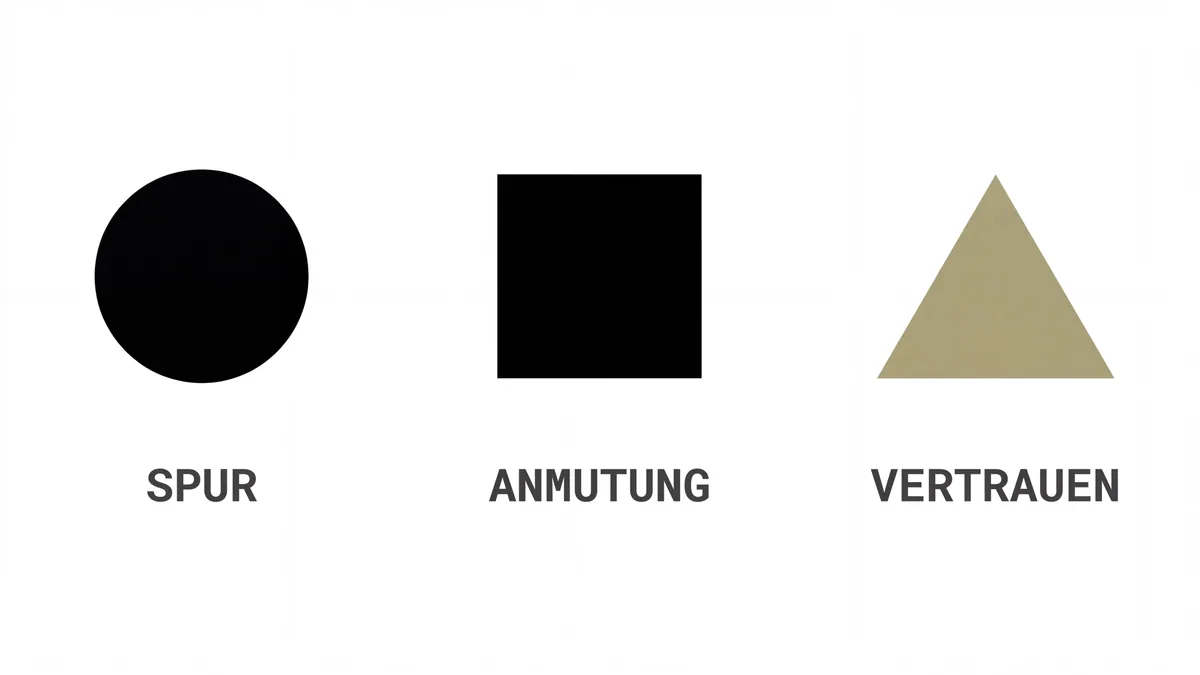 Bauhaus-Infografik: drei geometrische Spalten – Kreis (Spur), Quadrat (Anmutung), Dreieck (Vertrauen). Das Dreieck in Khaki #aba47e.