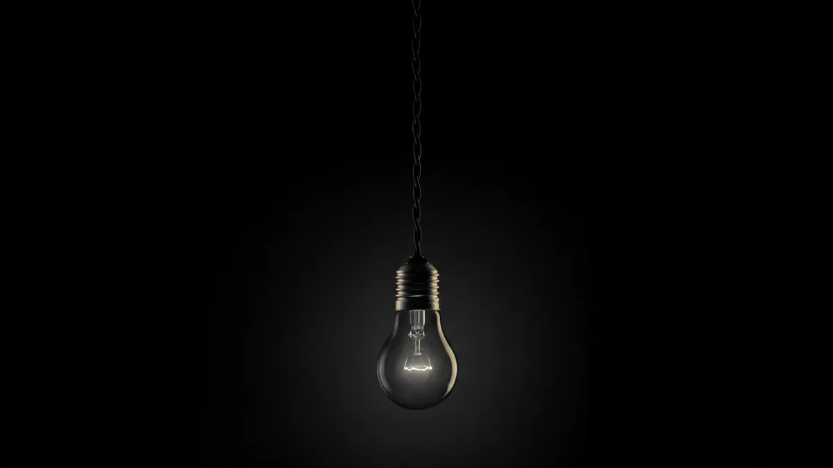 Lindbergh-B/W-Foto: einzelne Lampe in Dunkelheit, im unteren Drittel positioniert, dünne Khaki-Lichtkante an der Glühbirnenfassung