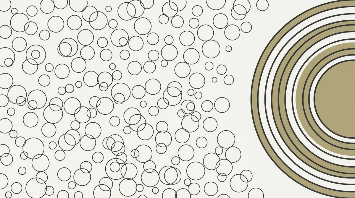 Bauhaus-Infografik: links ein Feld vieler kleiner, flacher Kreis-Umrisse. Rechts ein einzelner großer Kreis aus konzentrischen Ringen mit Khaki-Kern.