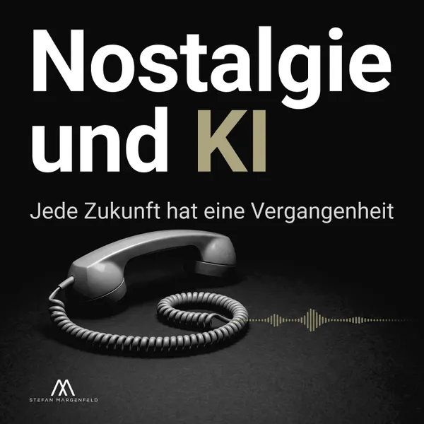 Cover der Reihe Nostalgie und KI: ein alter Telefonhörer mit Spiralkabel als Schwarz-Weiß-Stillleben, aus dem Kabel läuft eine feine Lichtspur als Wellenform.