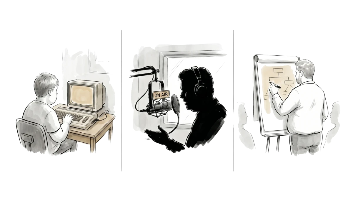 Linework-Triptychon: Junge am Computer, Radiomoderator, Mann am Whiteboard