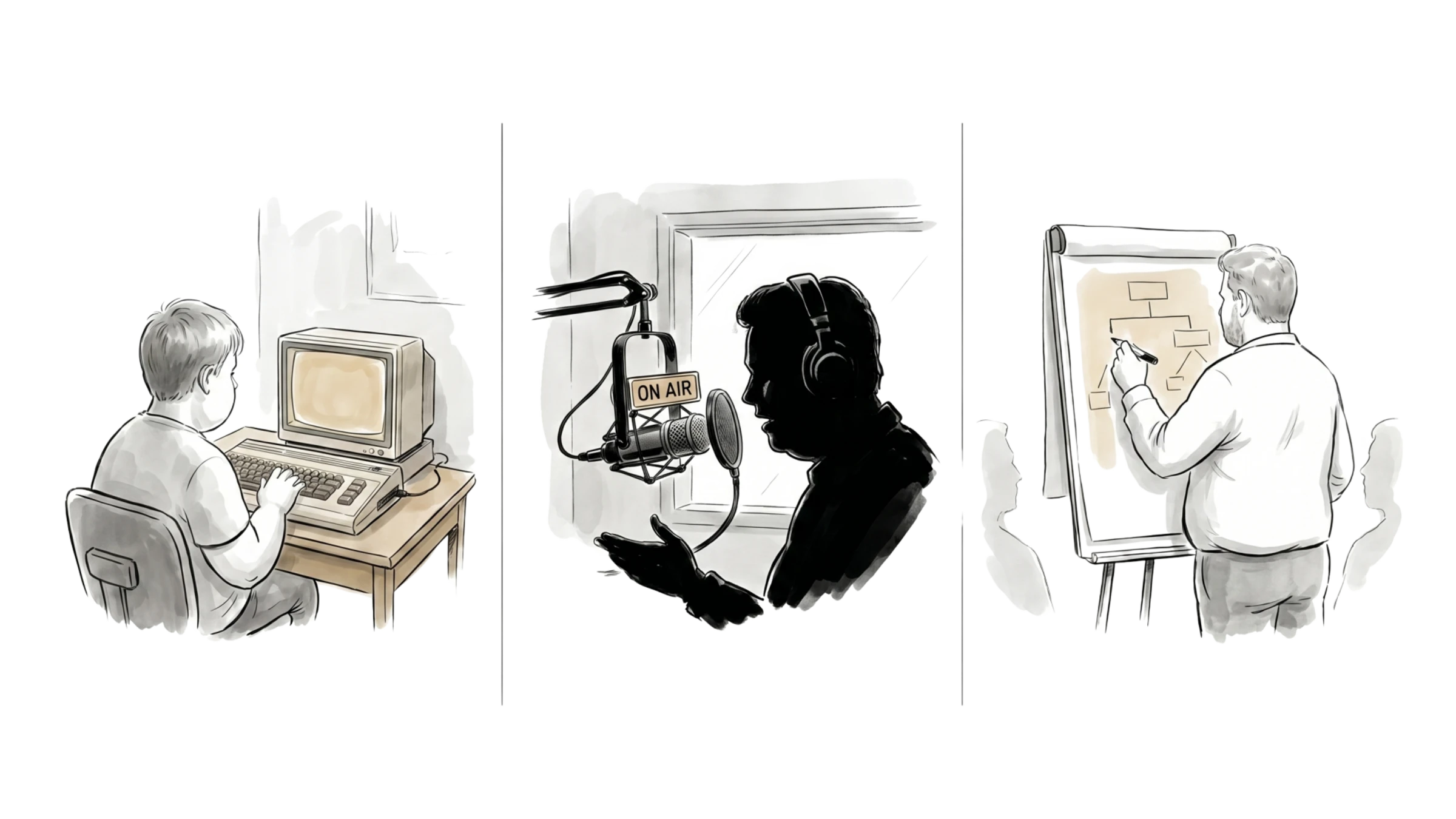 Linework-Triptychon: Junge am Computer, Radiomoderator, Mann am Whiteboard