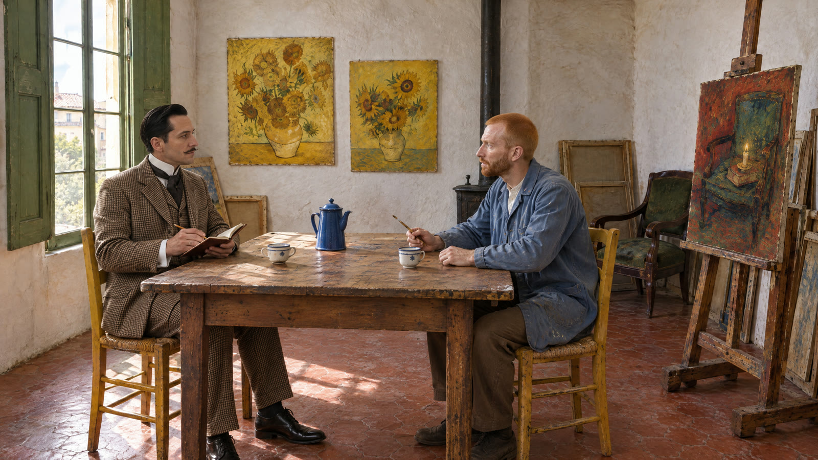 Atelier im Gelben Haus: Der Manager sitzt mit Notizbuch am Holztisch, Vincent ihm gegenüber, an der Wand zwei Sonnenblumenbilder.