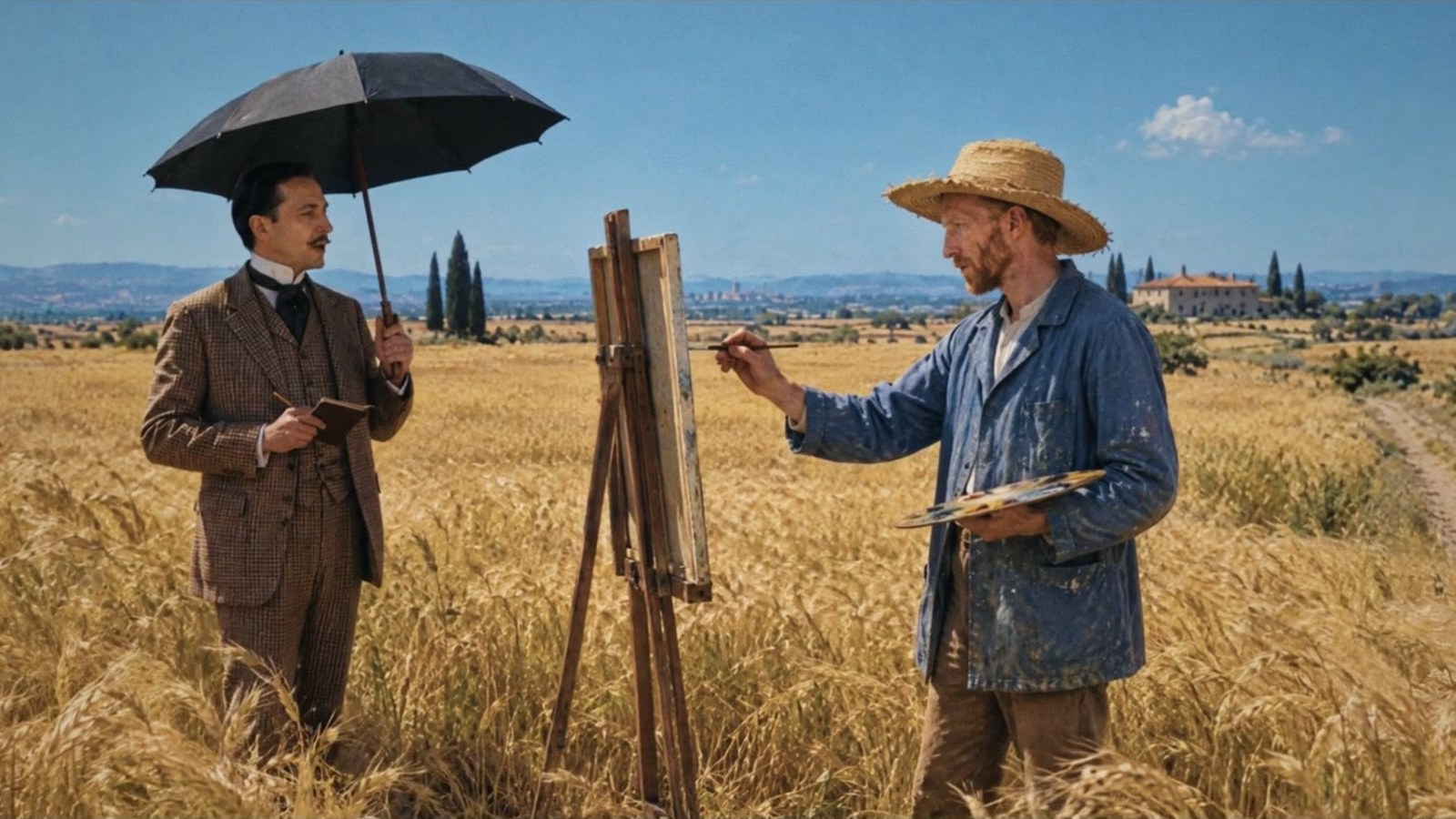 Kornfeld bei Arles: Ein Mann im Anzug hält einen Schirm, daneben malt ein rothaariger Maler mit Strohhut an der Staffelei.