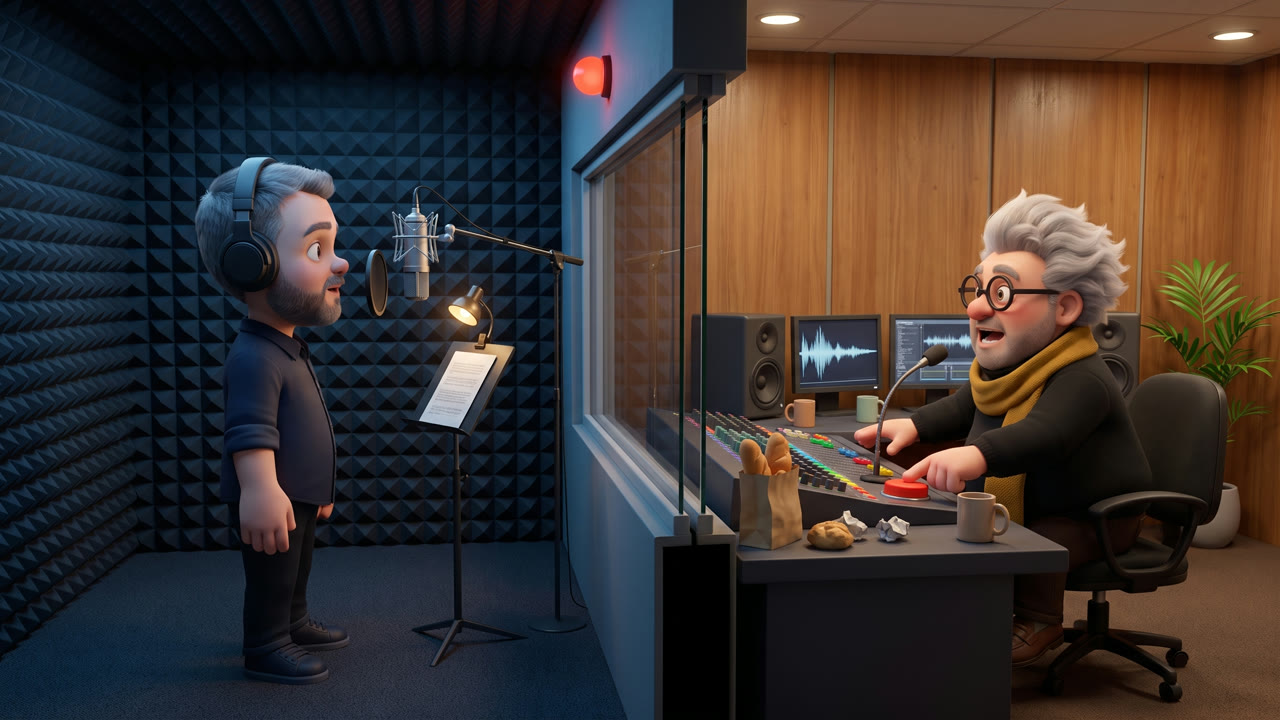 3D-Animationsbild im Schnitt durch zwei Räume: links ein bärtiger Sprecher mit Kopfhörern am Mikrofon in einer Kabine aus Schaumstoff, rechts hinter der Glasscheibe ein Regisseur mit wilden grauen Haaren, runder Brille und senfgelbem Schal am Mischpult.