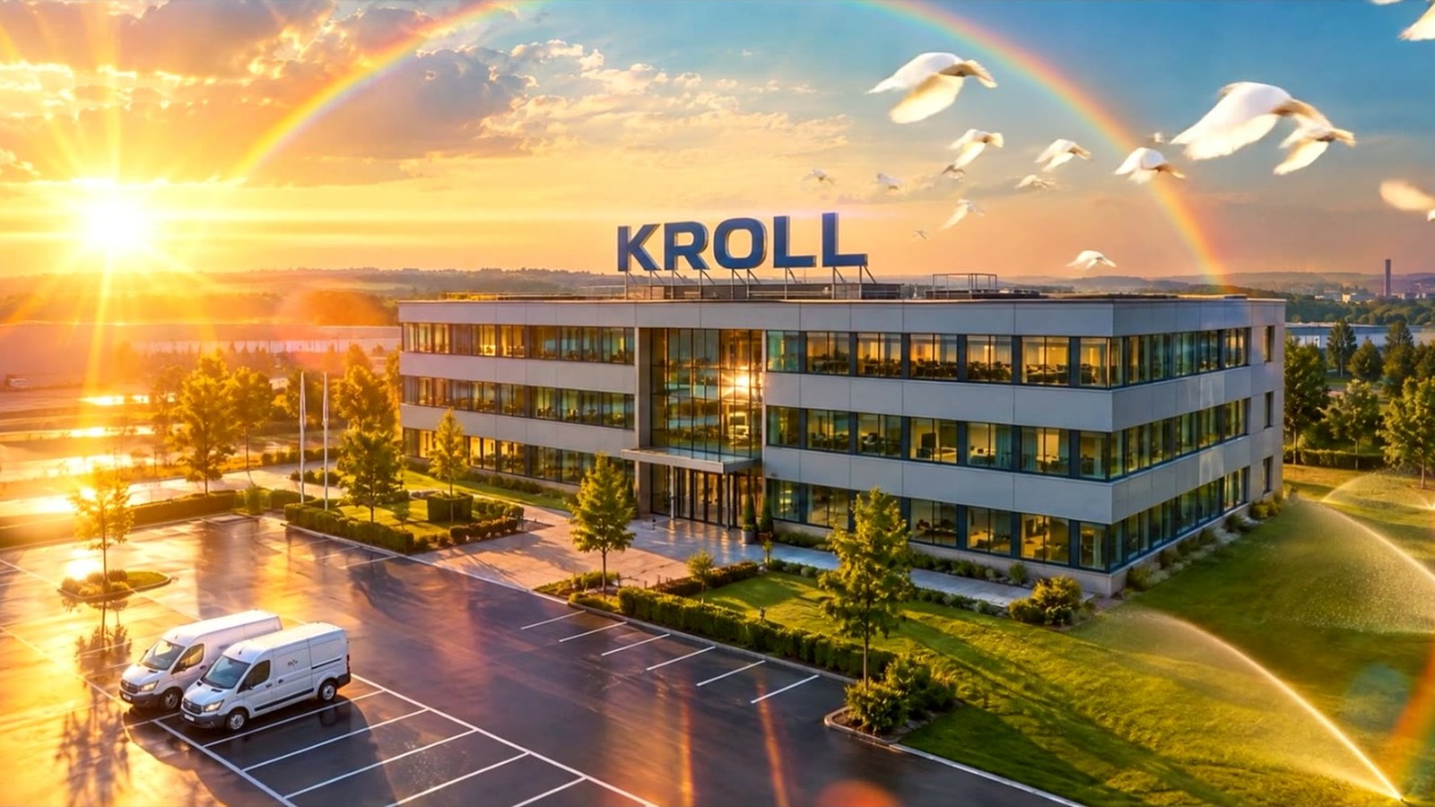 Überstrahltes Firmengebäude mit dem Schriftzug KROLL im Sonnenaufgang, Regenbogen, Tauben, Rasensprenger.