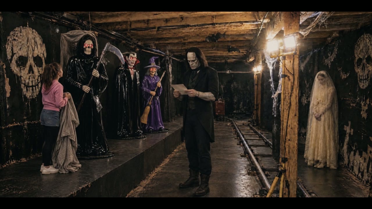 Ein dunkler Gang in einer Geisterbahn: Auf einem Podest stehen drei glänzende Animatronics, Sensenmann, Vampir und Hexe, mit roten LED-Augen. Davor eine junge Frau im rosa Kapuzenpulli mit einem Staubtuch und ein großes, genähtes Monster im zu kurzen Gehrock mit einem Brief. Rechts an der Wand steht eine Braut mit Schleier.