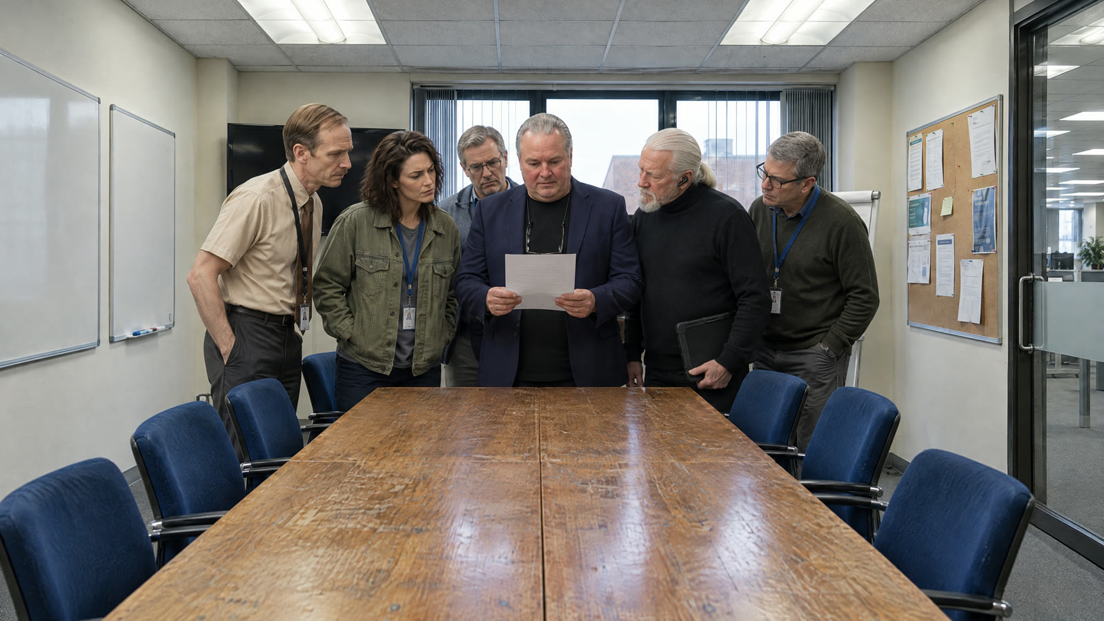 Meeting room of the fictional agency: six characters at the head of a long table.